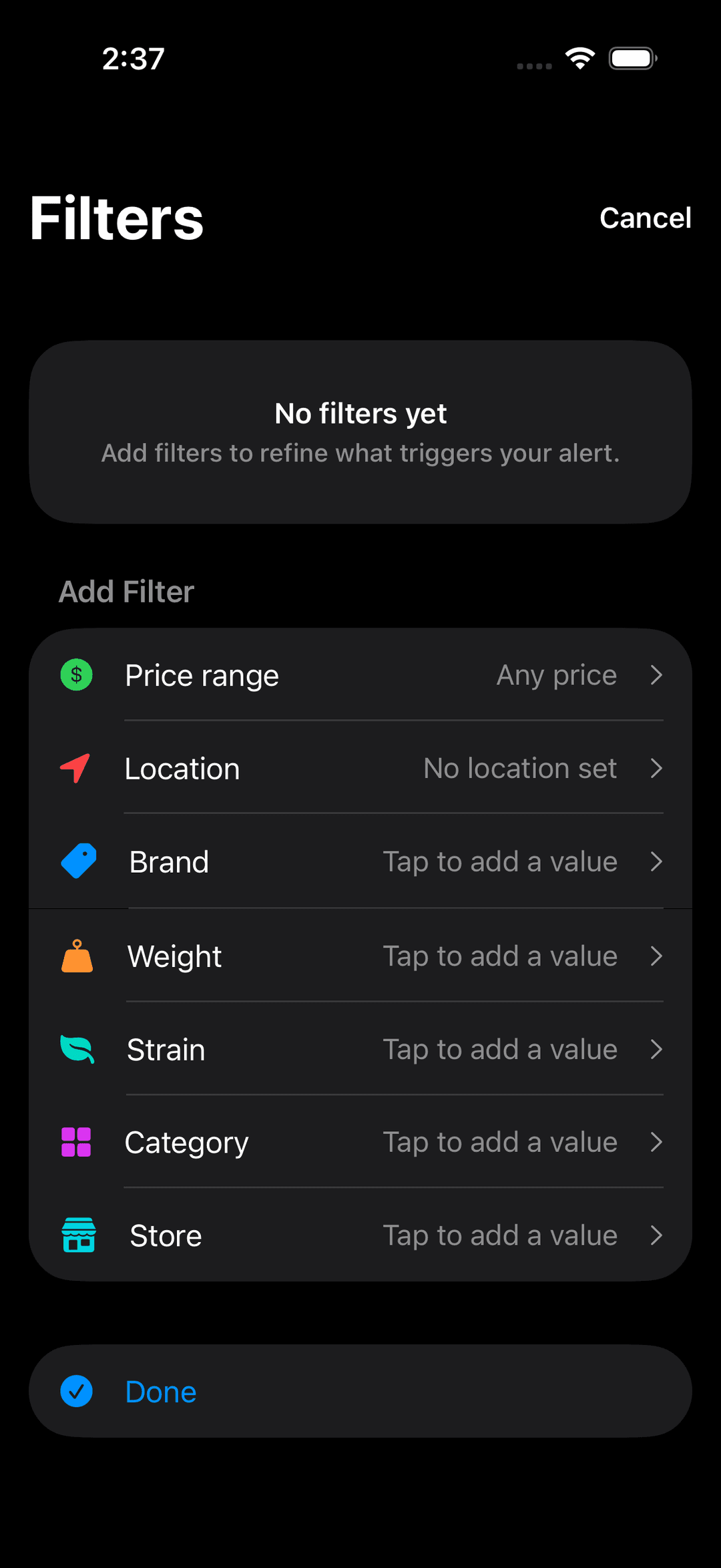 Create alert screen with filters and notification toggles