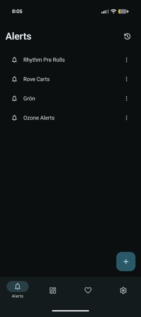 budalerts alerts screen showing tracked products