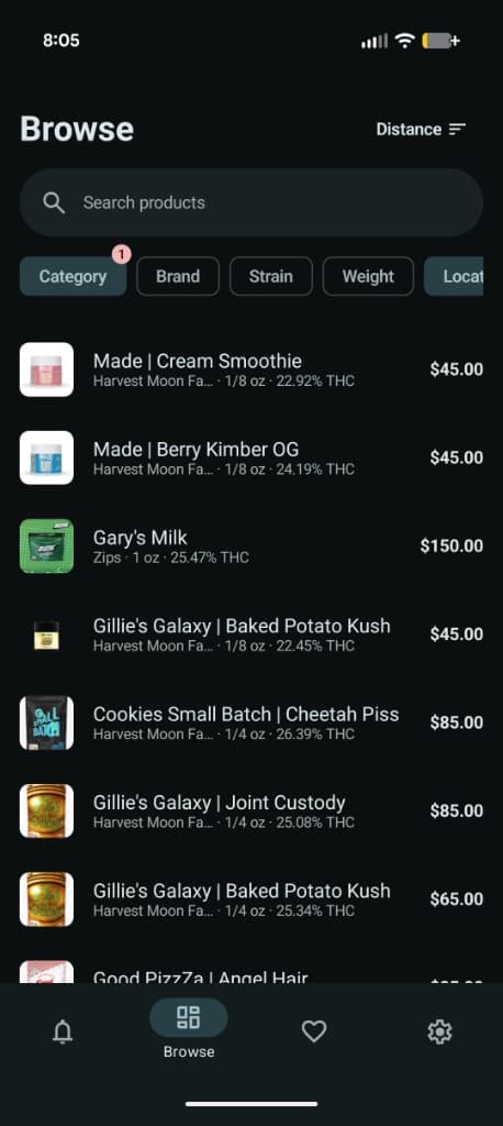 Browse screen showing a variety of cannabis products