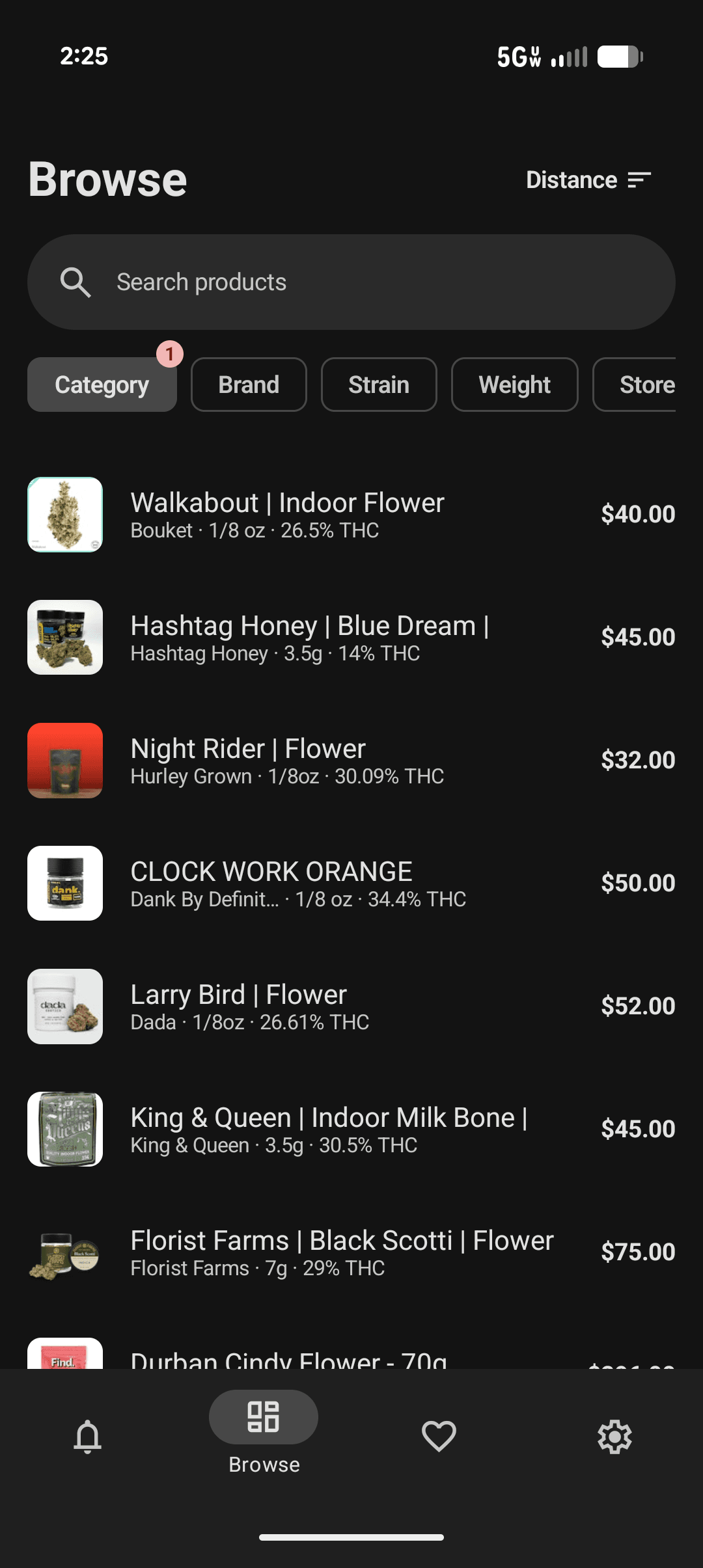 Browse screen showing a variety of cannabis products