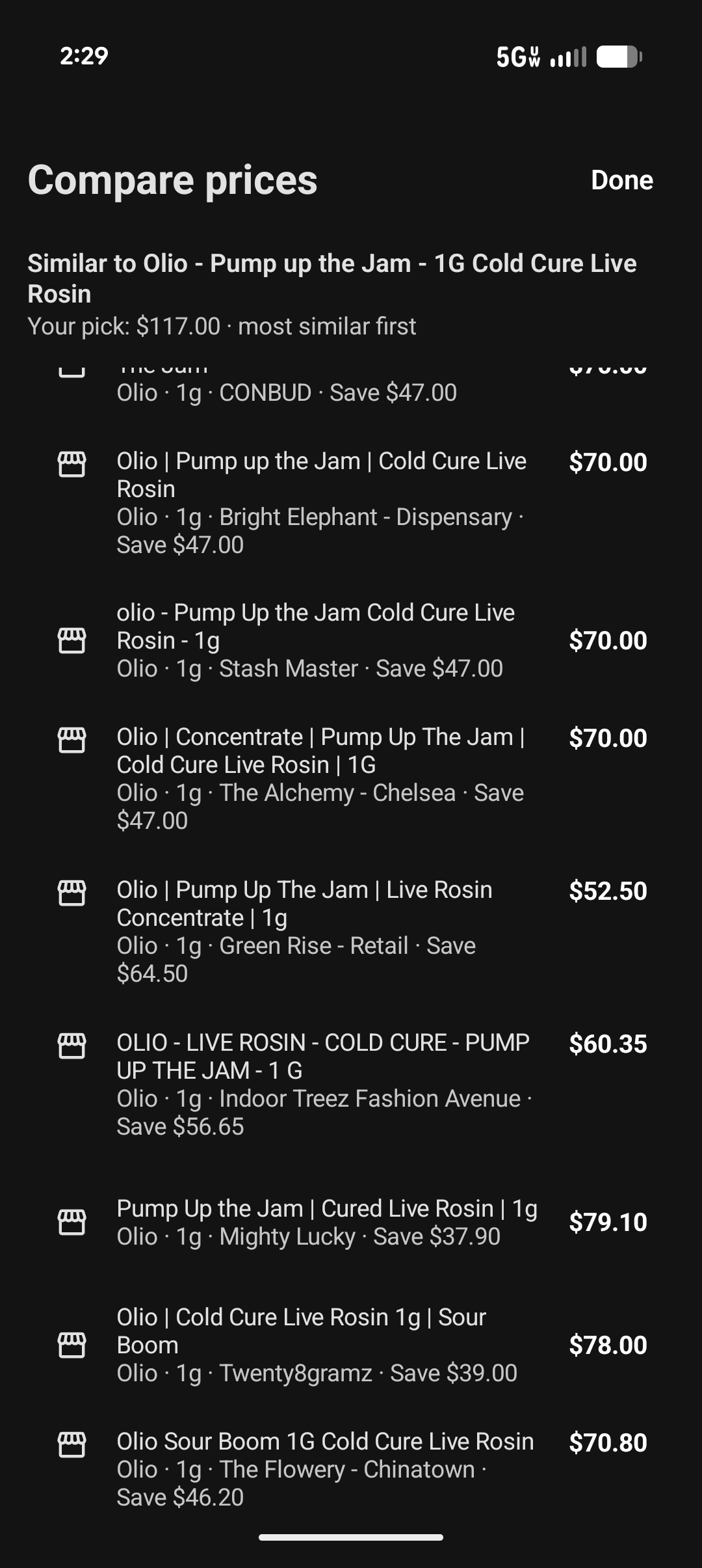 Compare prices screen showing deals across storefronts