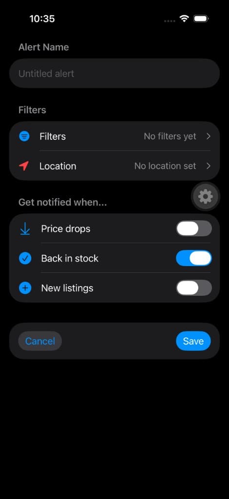 Create alert screen with filters and notification toggles